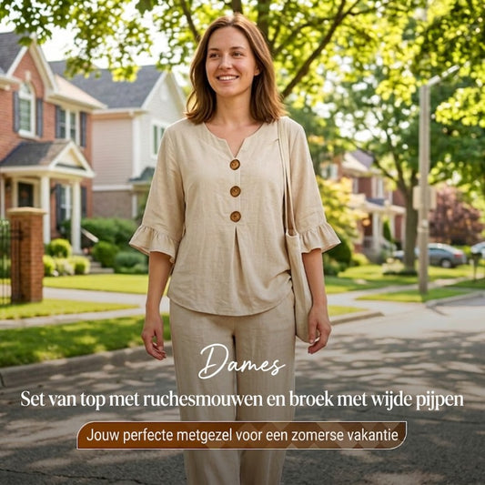 👚👖 Dames Set met Ruches Top & Wijde Pijpen Broek – Elegant & Comfortabel ✨
