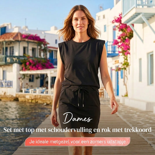 Set bestaande uit een moderne mouwloze top en een rok met trekkoord