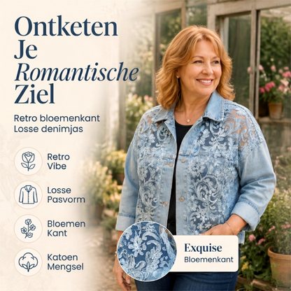 Luchtig damesjack van denim met bloemenprint en patchwork van kant