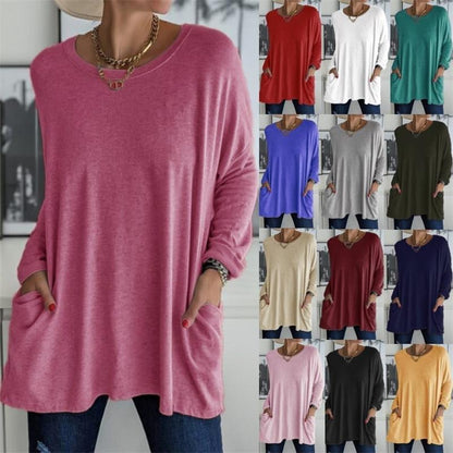 😍Casual Dames T-Shirt met Lange Mouwen & Zakken – Comfortabele Pasvorm en Praktische Stijl