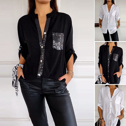 Casual Top Met Patchwork Pailletten – Een Vleugje Glitter Op Een Gewone Dag💕Opvallend zonder te overdrijven – Voor als je wil stralen, gewoon omdat het kan