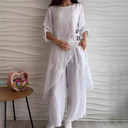 Casual 2-delig damespak met ronde halslijn