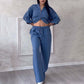Casual tweedelige set van een effen katoenen en linnen broek