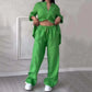 Casual tweedelige set van een effen katoenen en linnen broek