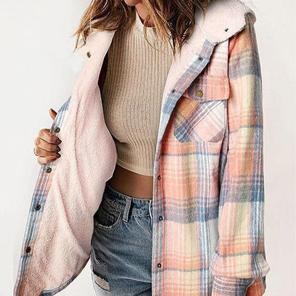 🔥TOPAANBIEDING 49% KORTING🔥Dames herfst- en winterjas met lange mouwen, van dikke flanel, geruit en met capuchon