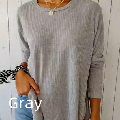 Dames Casual Lange Mouwen Effen Kleur Knop T-Shirt
