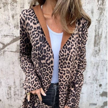 Dames Trenchcoat met Capuchon en Luipaardprint, Open Voorkant