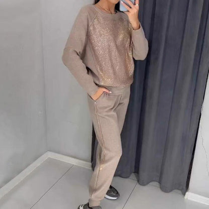 Tweedelig Dames Set: Sweatshirt met Glitter Strass Steentjes & Casual Broek