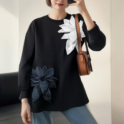 Dames losse sweatshirt met 3D bloemen versiering