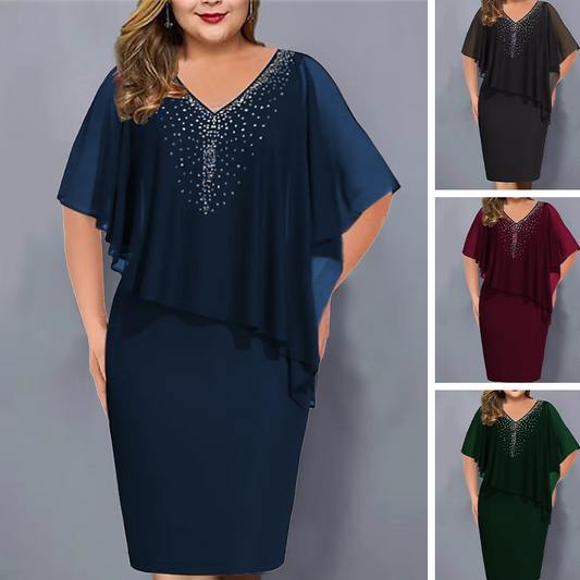 🌸Zomeraanbiedingen 2026💐Capejurk met V-hals en strass-steentjes, met een laagje chiffon eroverheen