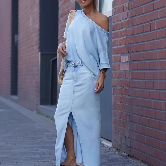 Dames diagonale schoudertop met gesplitste denim lange rok