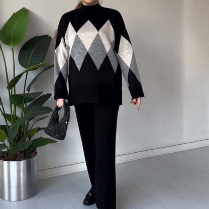 Modieuze kleurblokkerende ruitjes trui & broek set