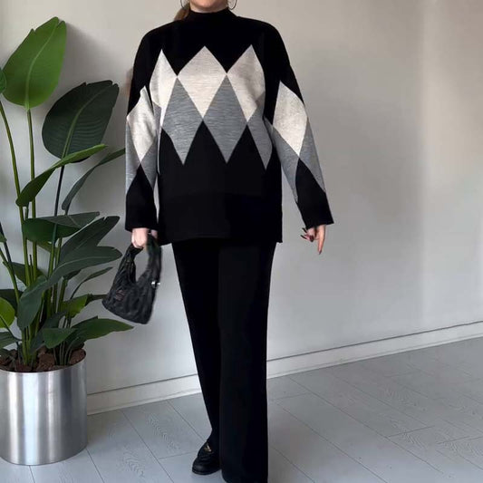 Modieuze kleurblokkerende ruitjes trui & broek set
