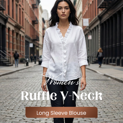 Damesblouse met ruches, V-hals en lange mouwen