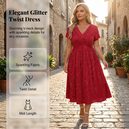 🔥 HALVE PRIJS 👗 Glitter Feestjurk voor Dames – Gedraaide Voorkant, Korte Mouwen & Verborgen Zakken | Elegant en Comfortabel ✨