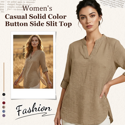 Casual top in effen kleur met knoopjes en zijsplit