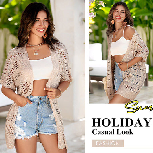 👚 Nu met 50% korting! 🌸 Damesvest met korte mouwen en opengewerkte brei-details