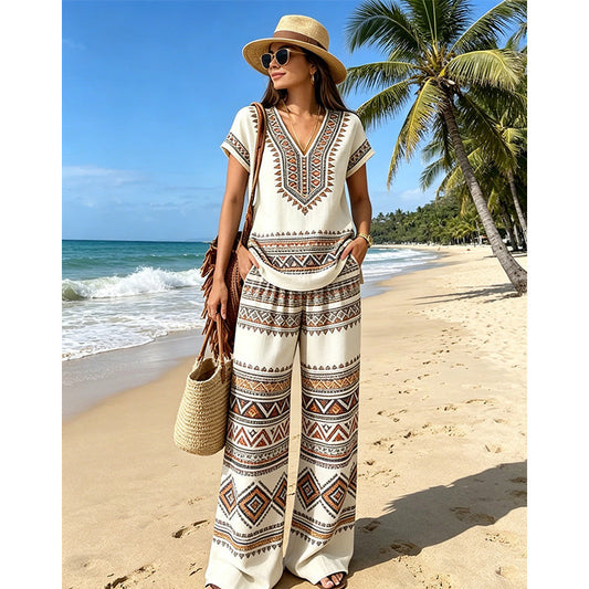 👗 TIJDELIJKE AANBIEDING: 50% KORTING! ✨ Set met bedrukte top en broek voor dames – boho-prints, relaxte pasvorm, perfect voor op vakantie 🌴