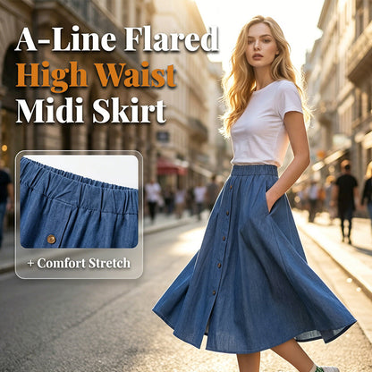 Elastische denim midirok met hoge taille voor dames