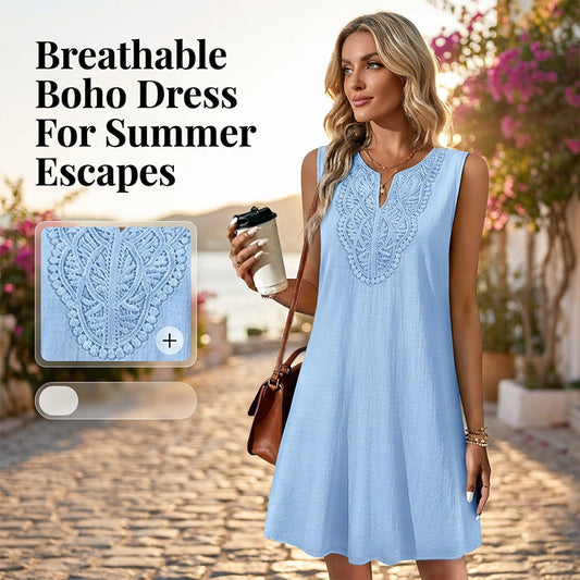👗 TIJDELIJKE AANBIEDING: 50% KORTING! 💥 Luchtige, casual zomerjurk – met geborduurde V-hals, kreukvrij, veelzijdig ✨