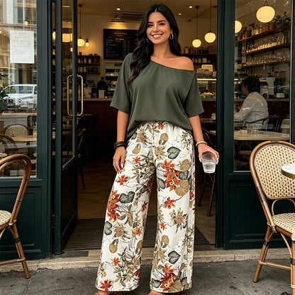 Tweedelige set voor dames: top met blote schouders en broek met print