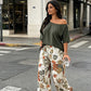 Tweedelige set voor dames: top met blote schouders en broek met print