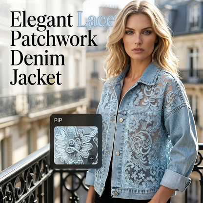 Luchtig damesjack van denim met bloemenprint en patchwork van kant