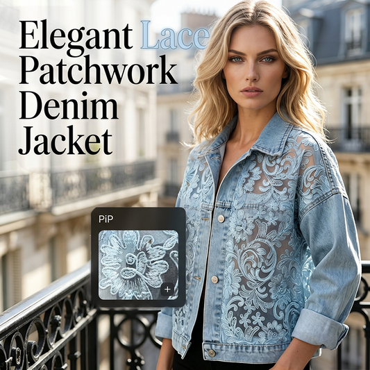 Luchtig damesjack van denim met bloemenprint en patchwork van kant