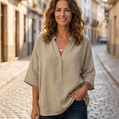 Damesblouses met halflange mouwen, knoopsluiting en V-hals