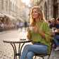Damesblouses met halflange mouwen, knoopsluiting en V-hals