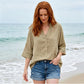 Damesblouses met halflange mouwen, knoopsluiting en V-hals