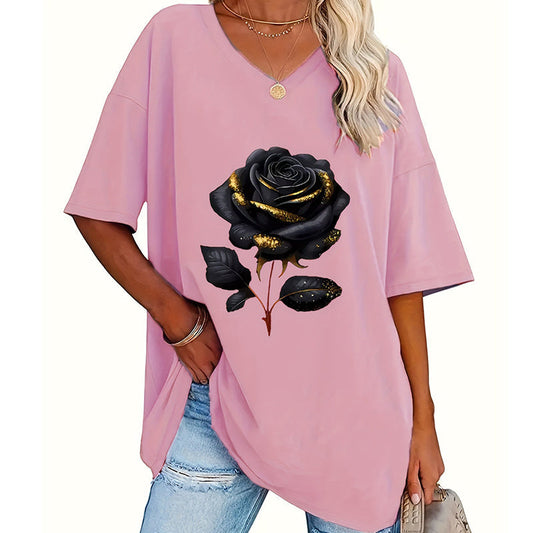 Dames-T-shirt met V-hals en rozenprint in grote maten