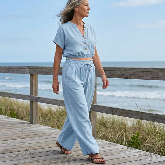 Damesmode: zomerse, effen, loszittende set met knopen