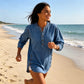 Losvallend denimshirt met V-hals voor dames