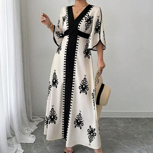 Elegante maxi-jurk met V-hals en print voor dames