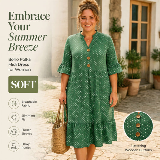 👗Zomerjurk met stippen en gerimpelde mouwen voor dames – Moeiteloos chic en flatterend ✨