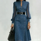 👗Midi-jurk van denim met slanke pasvorm en opstaande kraag – Elegante, alledaagse chic✨