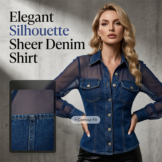 👕Dames-top van denim met mesh-patchwork – Elegante, chic getailleerde top✨