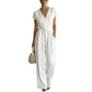 Jumpsuit voor dames met V-hals, wijde pijpen en strik in de taille