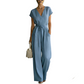 Jumpsuit voor dames met V-hals, wijde pijpen en strik in de taille