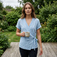 Dames-top met korte mouwen, V-hals en strik in de taille