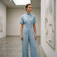Jumpsuit met korte mouwen, hoge kraag en wijde pijpen voor dames