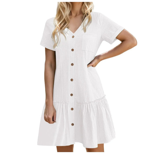 👗🌸✨ Dames Knopen Jurk – Katoen-Linnen Losvallende Zomerjurk met Ruffle Zoom 💖