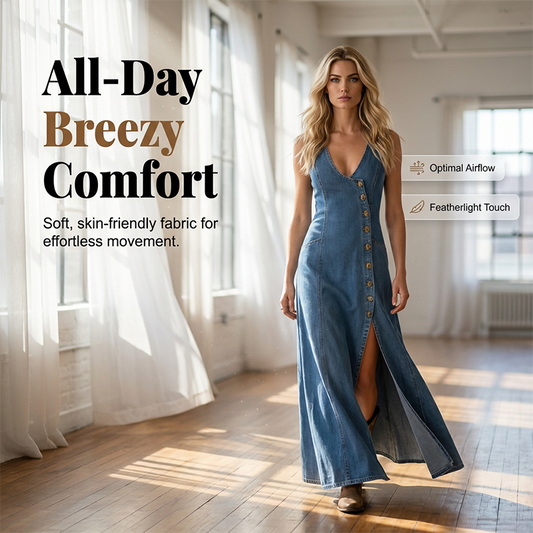 Mouwloze maxi-jurk van denim met V-hals en knoopsluiting aan de voorkant