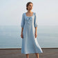 Casual effen midi-jurk met elegante strik en vierkante halslijn