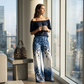 Tweedelige outfit voor dames met open schouders, in kleurverloop en met luipaardprint
