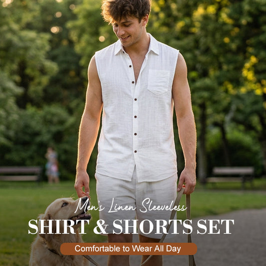 Set van een mouwloos linnen shirt en een korte broek voor heren