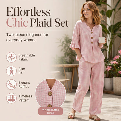 Set voor dames bestaande uit een top met V-hals, geruite print en ruches aan de mouwen, en een broek