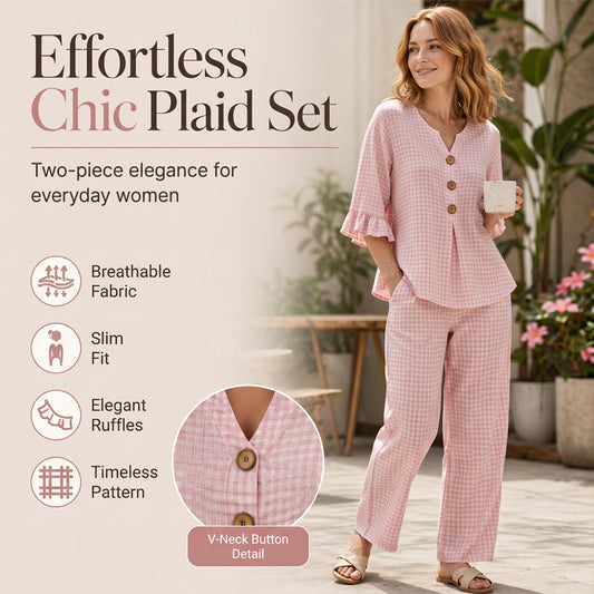 Set voor dames bestaande uit een top met V-hals, geruite print en ruches aan de mouwen, en een broek