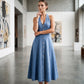 Damesjurk van denim met open rug, V-hals en zonder mouwen